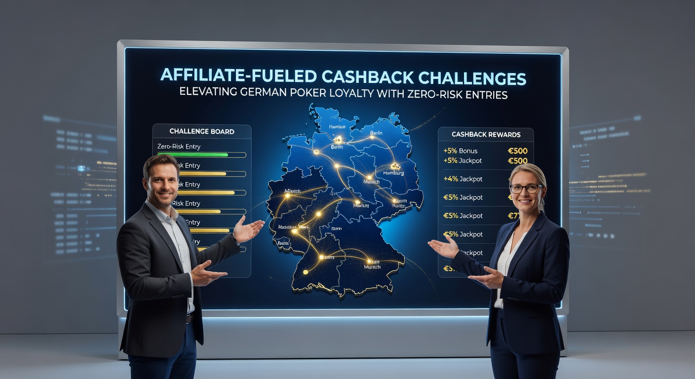 Grafik zeigt dynamische Cashback-Challenges mit Affiliates und Poker-Spielern in Aktion, risikofreie Eintritte im Vordergrund