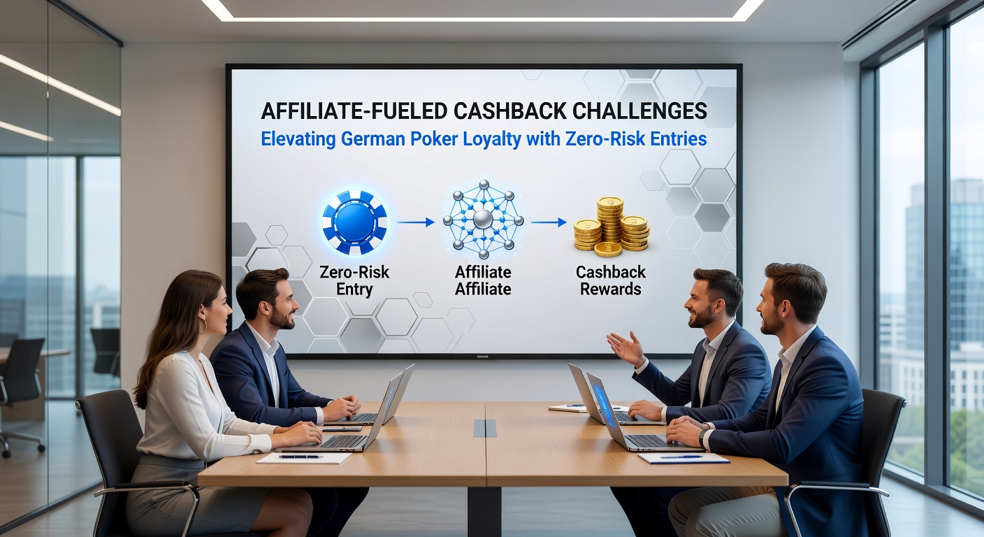 Visuelle Darstellung von Affiliate-Netzwerken, Cashback-Flüssen und glücklichen Poker-Spielern bei Zero-Risk-Challenges