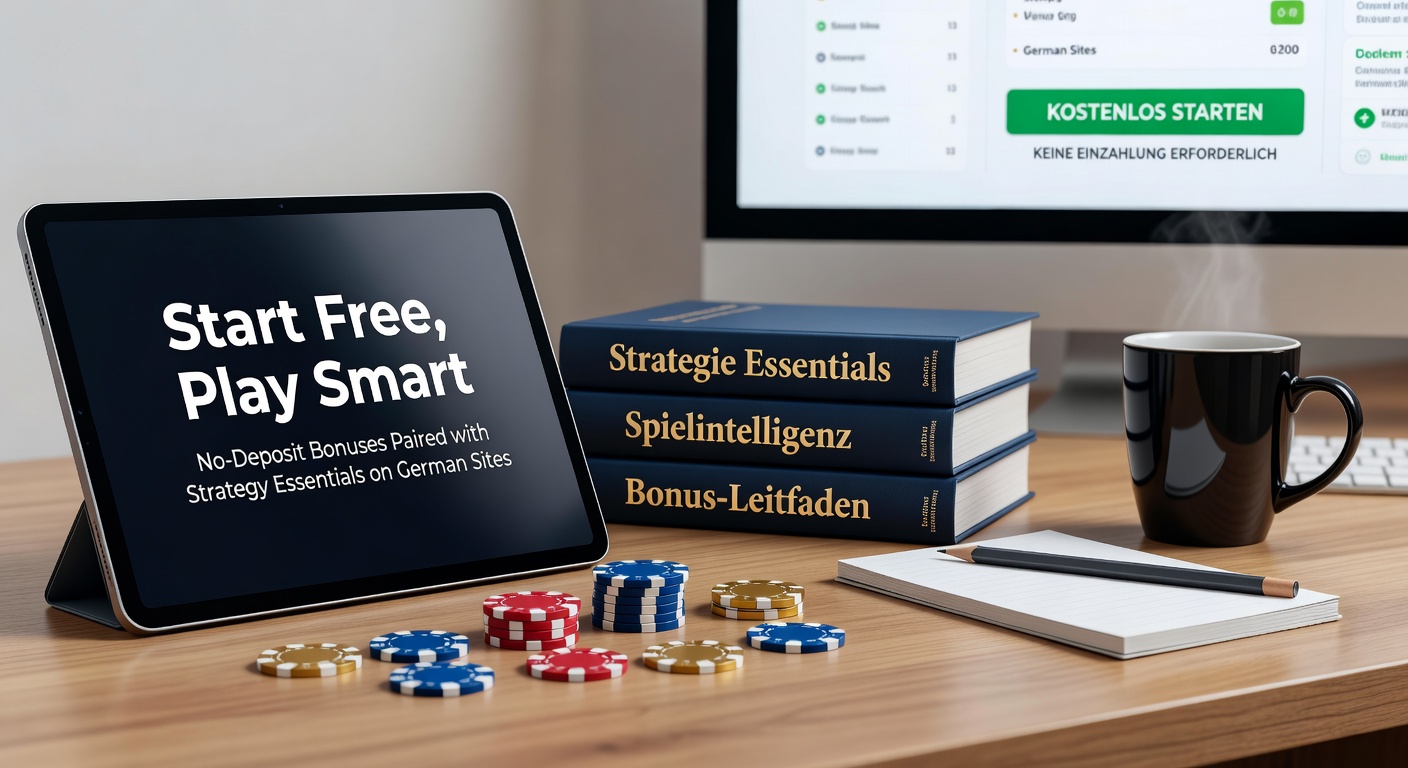 Spieler am Laptop mit Poker-Chips und einem No-Deposit-Bonus-Symbol auf dem Bildschirm, das den Einstieg ohne Risiko symbolisiert