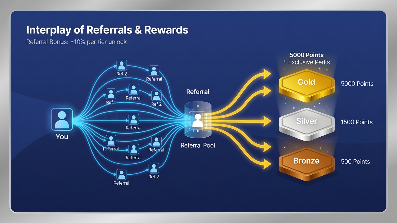 Illustration der Integration von Referral-Programmen in gestaffelte Treueebenen auf kontinentalen Kartenspielseiten