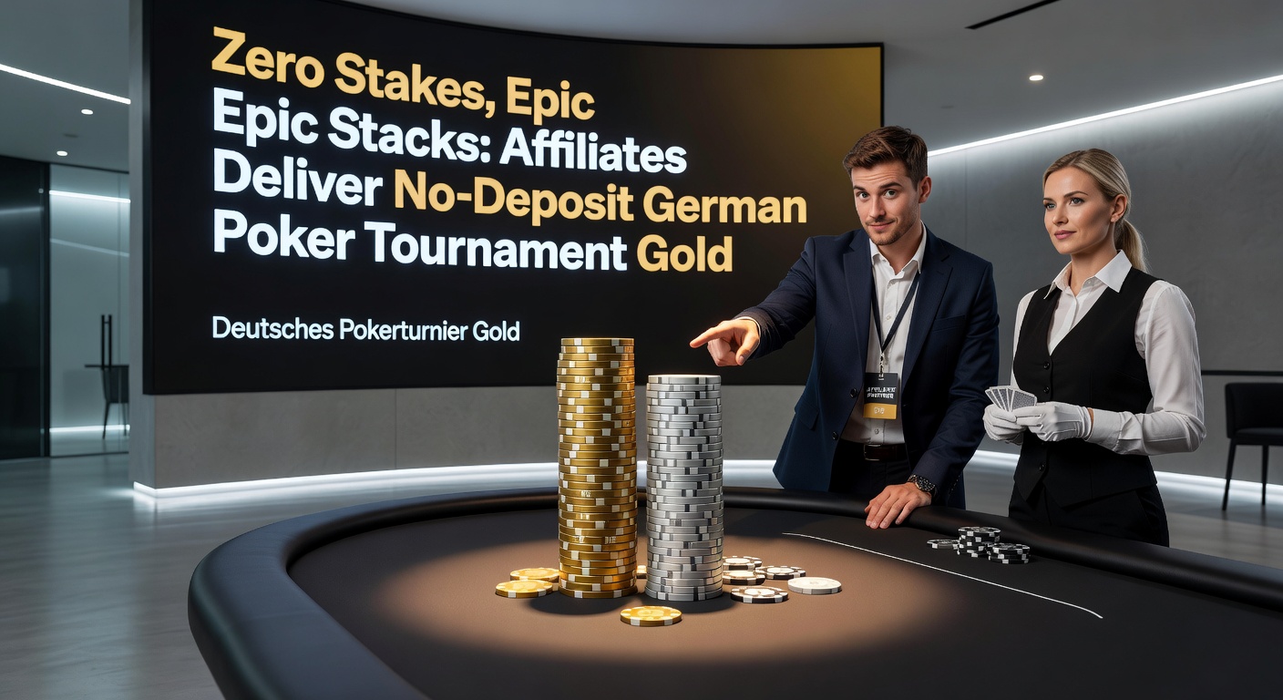 Spieler feiern einen No-Deposit-Poker-Turniersieg mit Stapeln von Chips vor deutscher Flagge