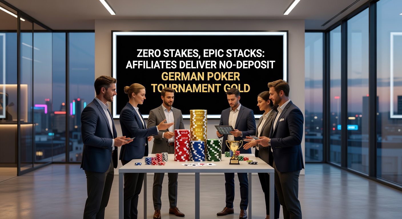 Affiliate-Partner präsentiert No-Deposit-Code auf Laptop-Bildschirm mit Poker-Turnier-Overlay