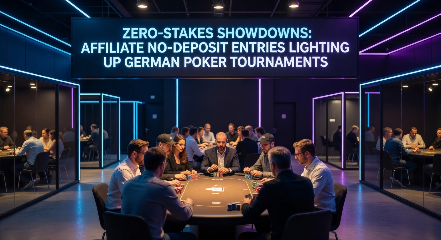 Spieler am Pokertisch in einem deutschen Turnier, beleuchtet von Turnierlichtern, symbolisiert spannungsgeladene No-Deposit-Runden