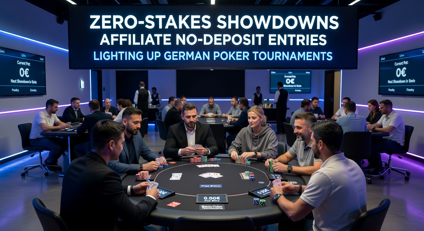 Nahaufnahme eines Affiliate-Links auf einem Smartphone, der zu einem No-Deposit-Poker-Turnier führt, mit Turnierchip im Vordergrund